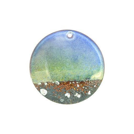 Pendant, Round Disc with Horizon Pattern 30mm, Enameled Brass Heron Blue, by Gardanne Beads (1 Piece)