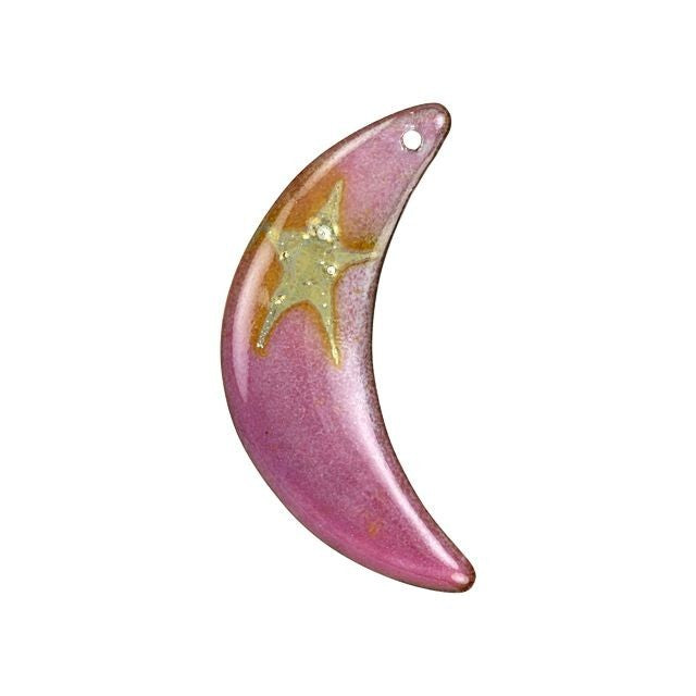 Pendant, Crescent Moon 36x19mm, Enameled Brass Raspberry Pink with Silver, by Gardanne Beads (1 Piece)