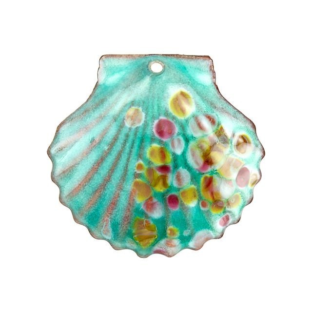 Pendant, Clamshell Seashell 34.5x32.5mm, Enameled Brass Teal Green, by Gardanne Beads (1 Pair)