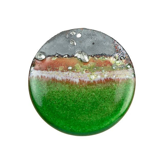Pendant, Round with Horizon 32mm, Enameled Brass Emerald Green with Silver, by Gardanne Beads (1 Piece)