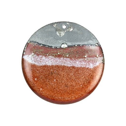 Pendant, Round with Horizon 32mm, Enameled Brass Autumn Orange with Silver, by Gardanne Beads (1 Piece)