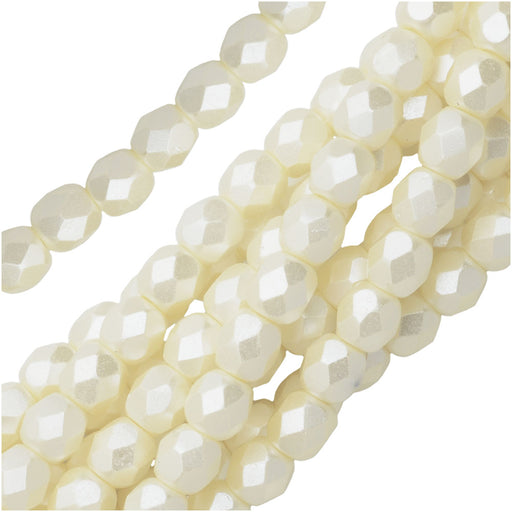 Czech Fire Polished Glass, Faceted Round Beads 4mm, Pastel Light Cream (38 Pieces)