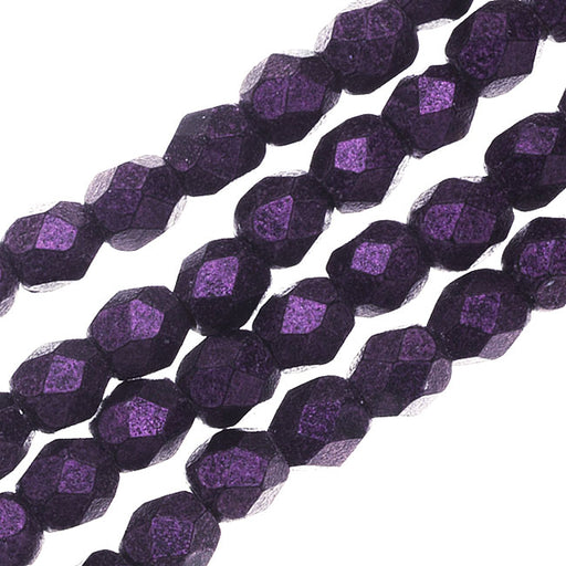 Czech Fire Polished Glass, 3mm Faceted Round Beads, Metallic Purple Suede (50 Piece Strand)