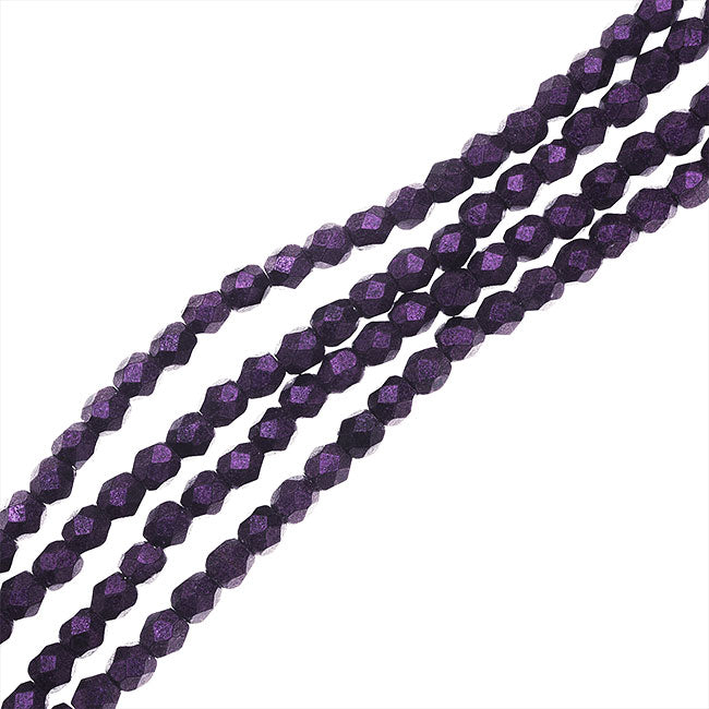 Czech Fire Polished Glass, 3mm Faceted Round Beads, Metallic Purple Suede (50 Piece Strand)