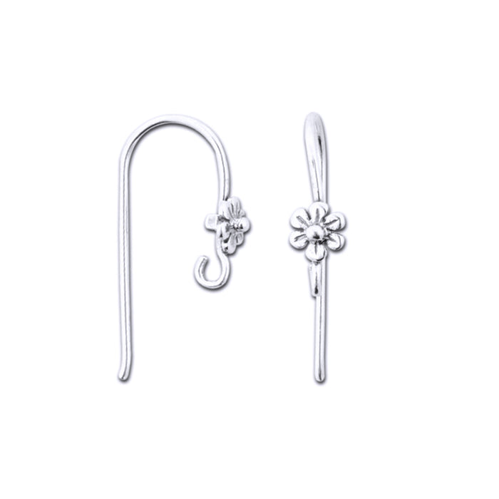 Earring Findings, Flower Ear Wire 23.5mm, Sterling Silver (1 Pair)