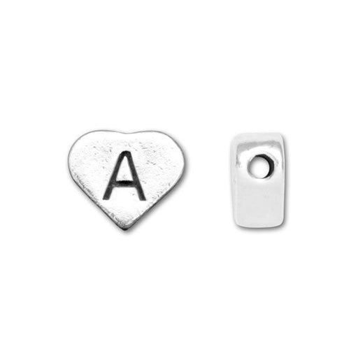 Alphabet Bead, Heart Letter "A" 7x6mm, Sterling Silver (1 Piece)