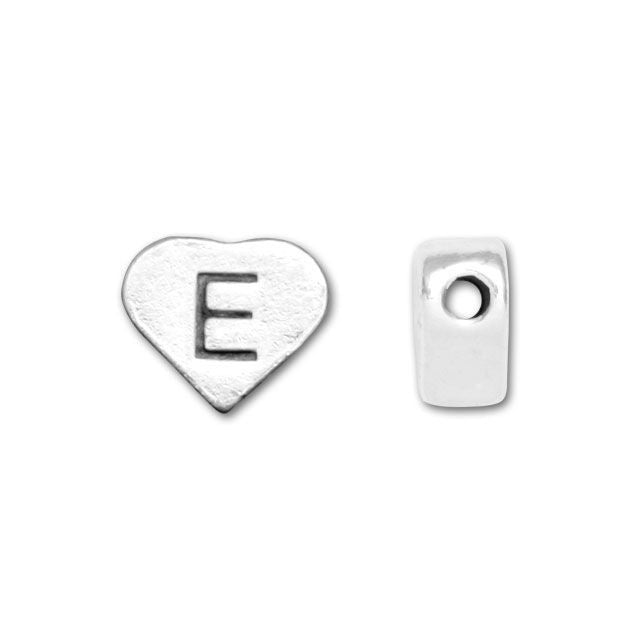 Alphabet Bead, Heart Letter "E" 7x6mm, Sterling Silver (1 Piece)