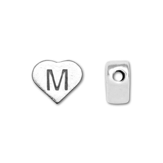 Alphabet Bead, Heart Letter "M" 7x6mm, Sterling Silver (1 Piece)