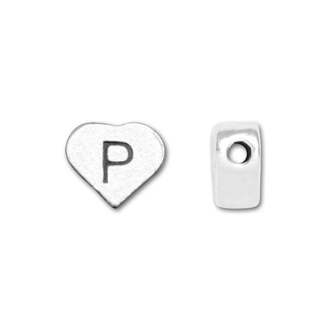 Alphabet Bead, Heart Letter "P" 7x6mm, Sterling Silver (1 Piece)