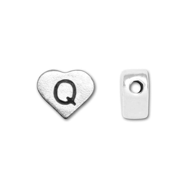 Alphabet Bead, Heart Letter "Q" 7x6mm, Sterling Silver (1 Piece)