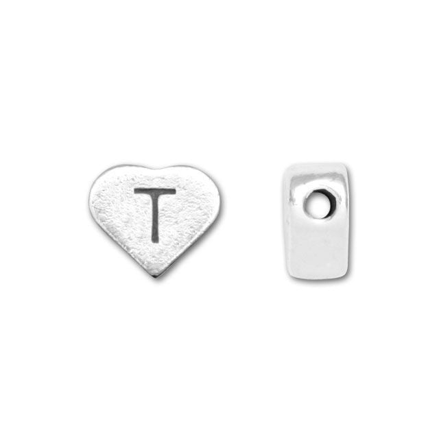 Alphabet Bead, Heart Letter "T" 7x6mm, Sterling Silver (1 Piece)