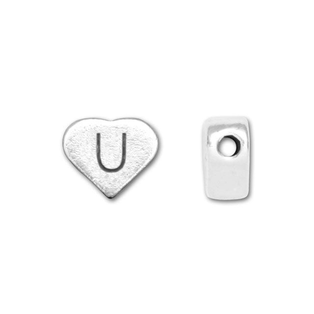 Alphabet Bead, Heart Letter "U" 7x6mm, Sterling Silver (1 Piece)