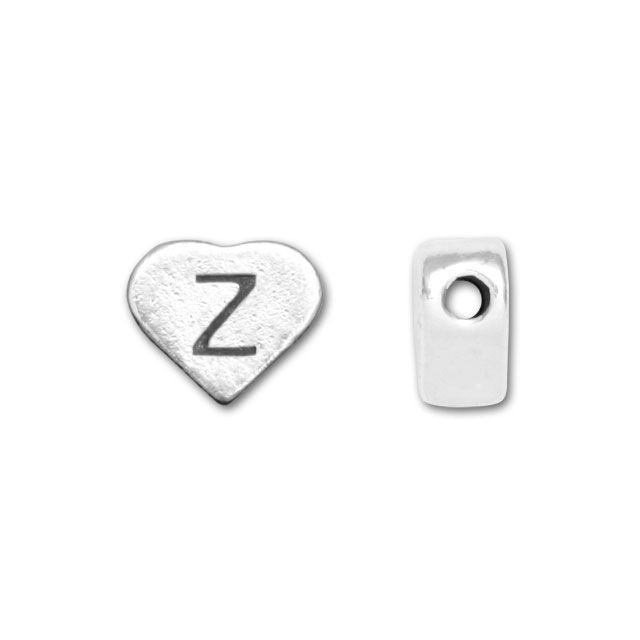 Alphabet Bead, Heart Letter "Z" 7x6mm, Sterling Silver (1 Piece)