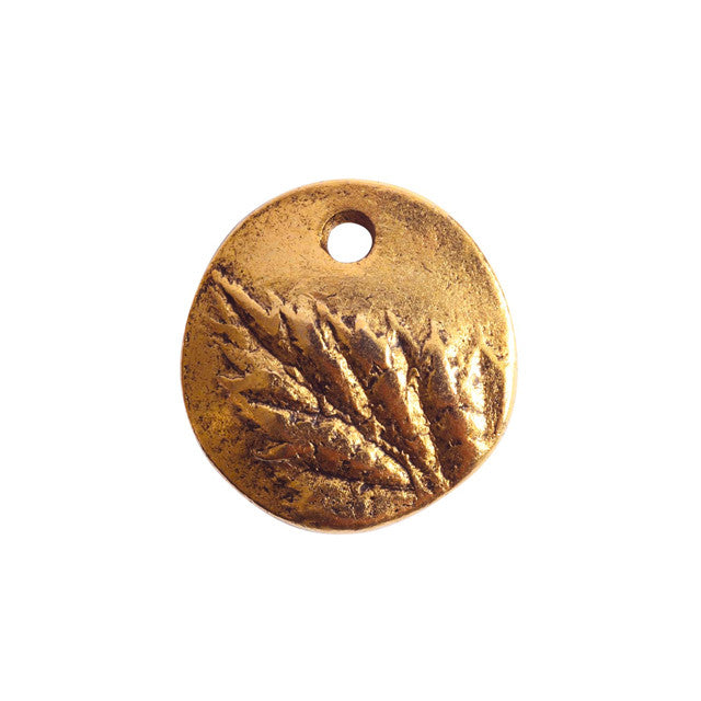 Charm, Small Circle with Berry Leaf 12.5mm, Antiqued Gold, by Nunn Design (1 Piece)