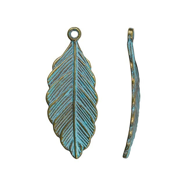 Pendant, Long Leaf with Patina Finish 31.5x12.6mm, Brass Plated (1 Piece)