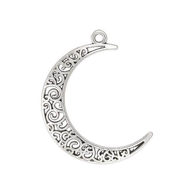 Pendant, Crescent Moon with Filigree Pattern 40x34mm, Antiqued Silver Plated (1 Piece)