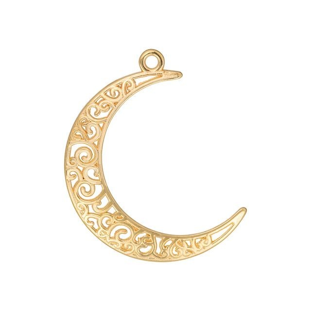 Pendant, Crescent Moon with Filigree Pattern 40x34mm, Gold Plated (1 Piece)