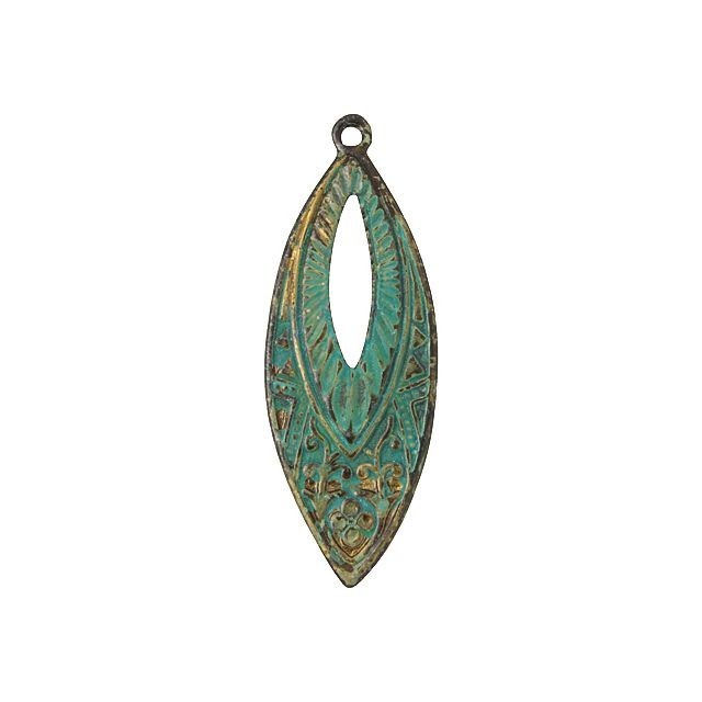 Pendant, Marquise Drop with Deco Pattern & Patina Finish 38x14mm, Natural Brass (1 Piece)
