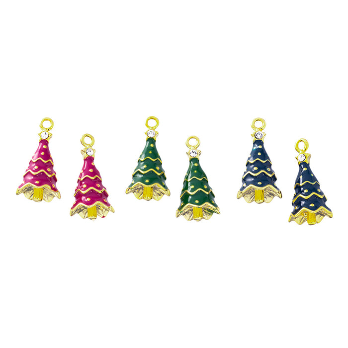 Jewelry Charm Assortment, 2 Each of Blue, Pink, and Green Christmas Tree Charms, Gold Tone with Enamel, 6 Pieces (1 Set)