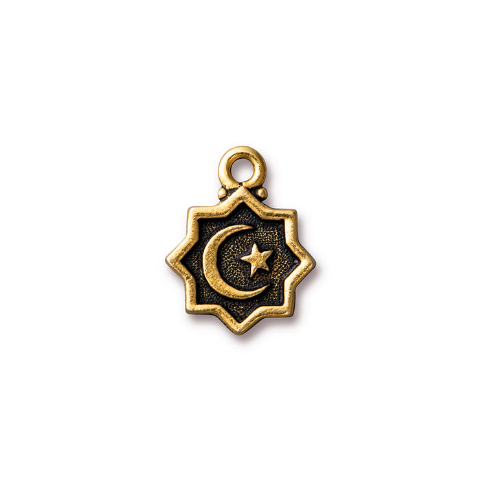 Charm, Crescent Moon and Star 20x16mm, Antiqued Gold Plated, by TierraCast (1 Piece)