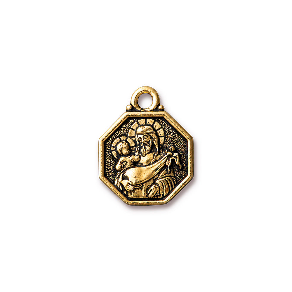 Charm, Saint Christopher "Protect Us" 24x20mm, Antiqued Gold Plated, by TierraCast (1 Piece)