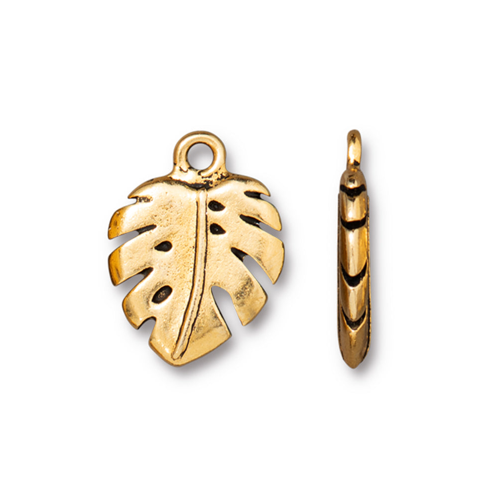 Charm, Monstera Leaf 14.5x19mm, Antiqued Gold Plated, by TierraCast (1 Piece)