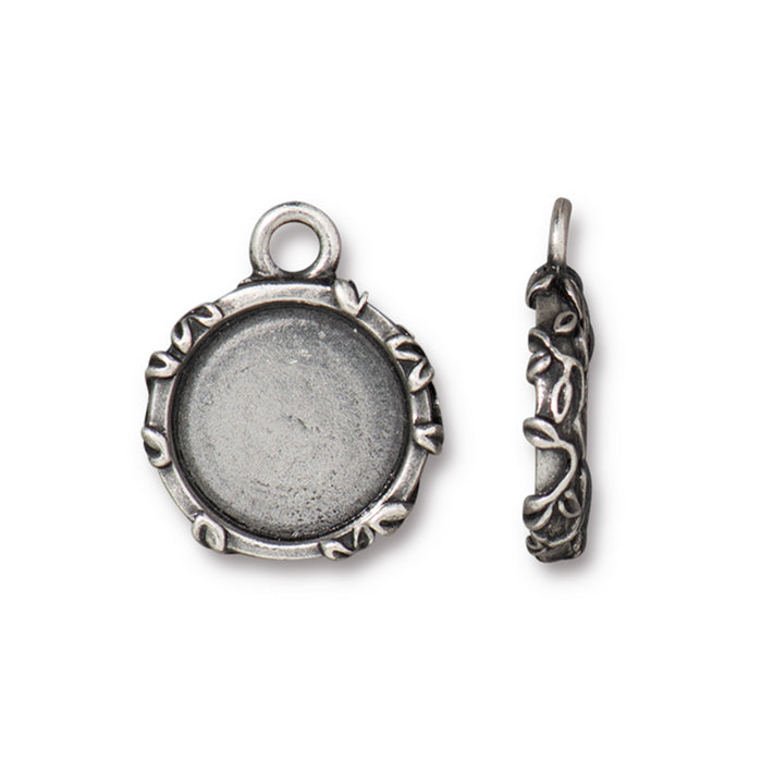 Bezel Pendant, Leaf Motif with 1/2 Inch Bezel, Antiqued Pewter, by TierraCast (1 Piece)