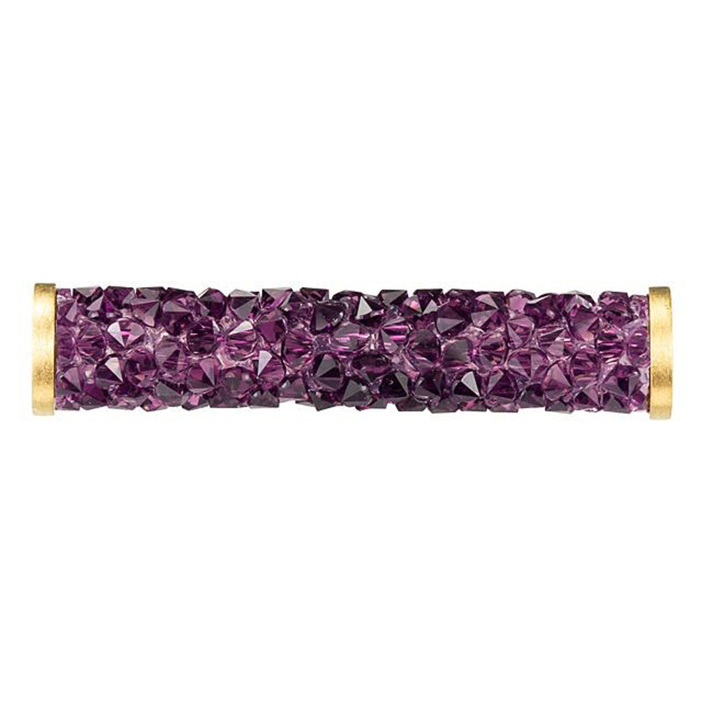 PRESTIGE Crystal, #5950 Fine Rocks Tube Bead with End Caps 30mm, Amethyst / Gold Finish (1 Piece)
