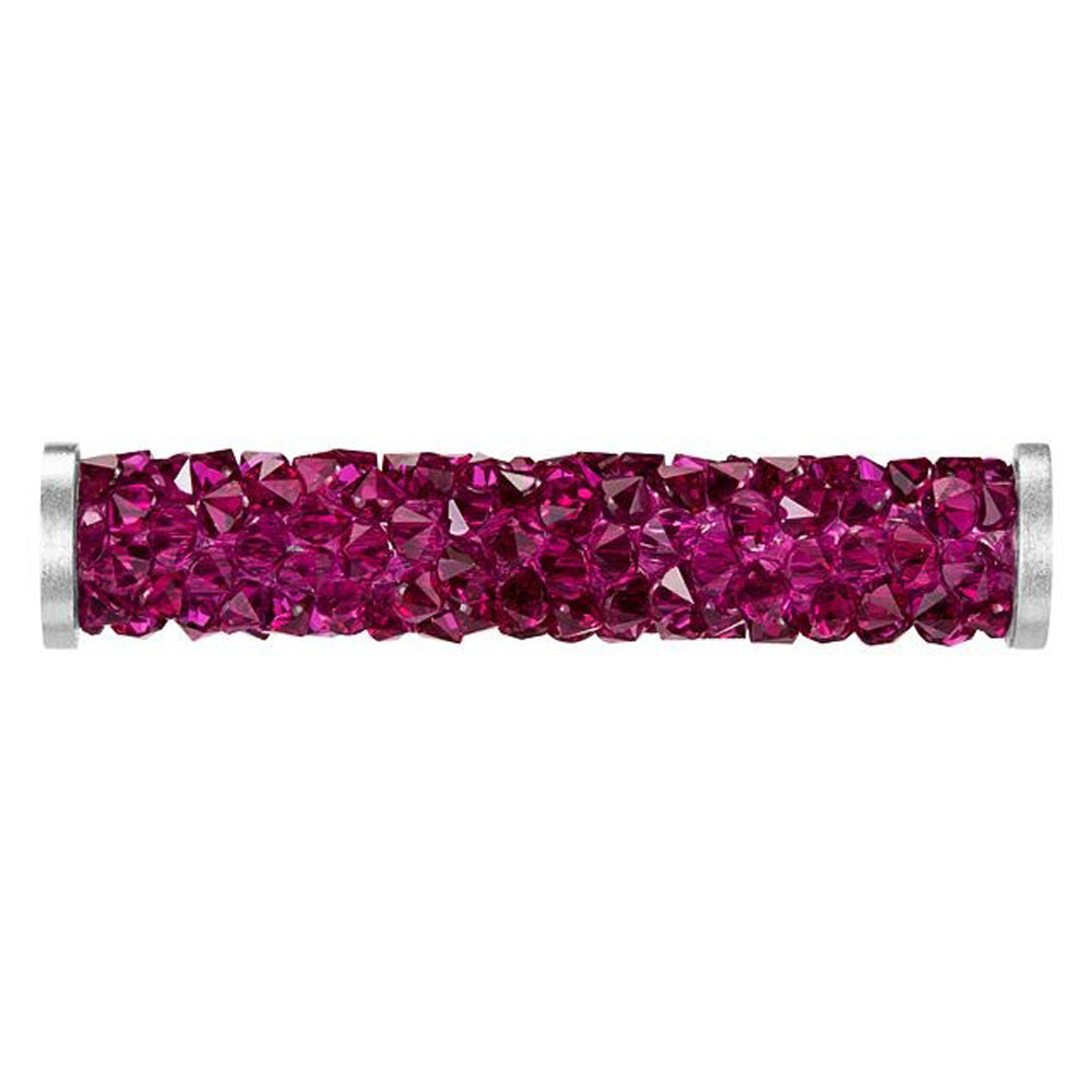 PRESTIGE Crystal, #5950 Fine Rocks Tube Bead with End Caps 30mm, Fuchsia / Stainless Steel (1 Piece)