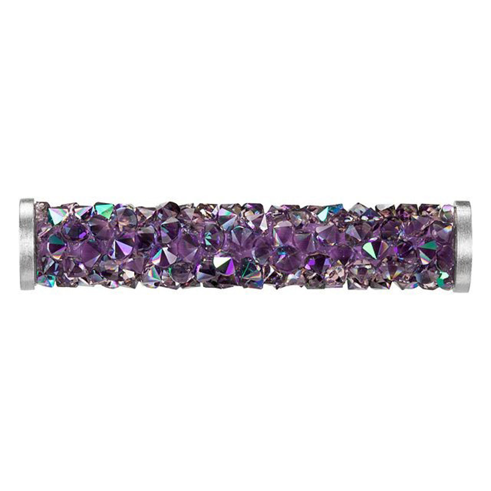 PRESTIGE Crystal, #5950 Fine Rocks Tube Bead with End Caps 30mm, Lt Amethyst & Paradise Shine / Stainless Steel (1 Piece)