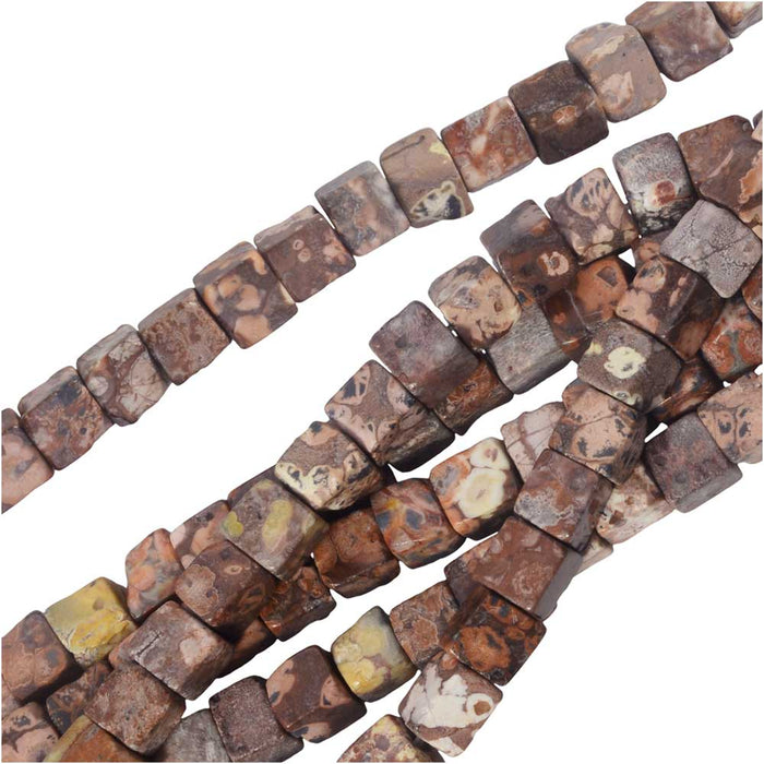 Gemstone Beads, Leopard Jasper, Square Cube 4mm, Brown (16 Inch Strand)