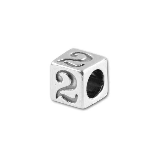 Number Bead, Cube "2" 4.5mm, Sterling Silver (1 Piece)