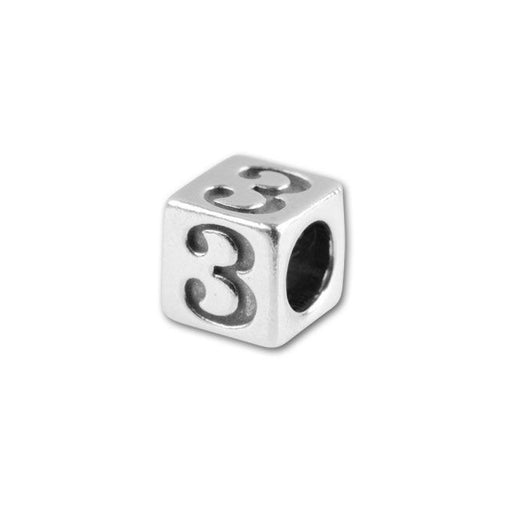 Number Bead, Cube "3" 4.5mm, Sterling Silver (1 Piece)