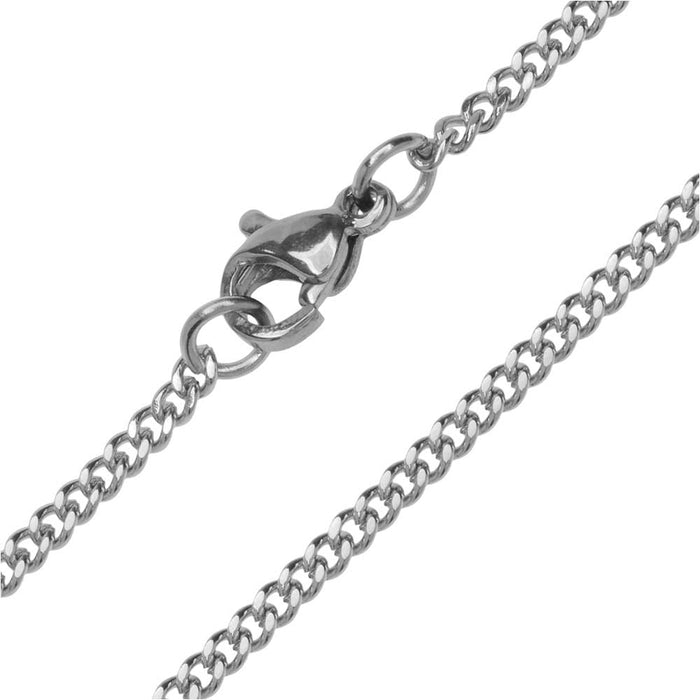 Finished Curb Chain Necklace, Flat Links with Lobster Clasp 2mm, 20 Inches, Stainless Steel