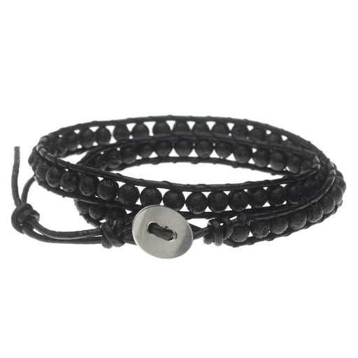 Natural Lava Gemstone Bead Wrap Bracelet, Round 5mm, 1 Bracelet, Black