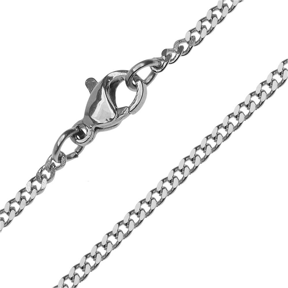 Finished Curb Chain Necklace, Flat Links with Lobster Clasp 2mm, 18 Inches, Stainless Steel