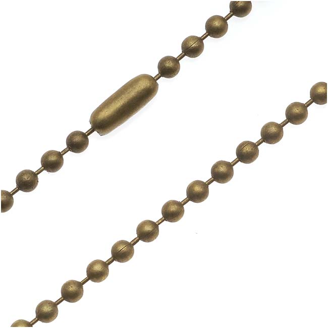Finished Ball Chain Necklace, Round Links 2mm, 23.5 Inches, Antiqued Brass