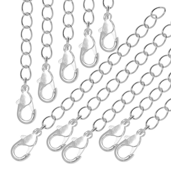 Necklace Chain Extender, 3.5x5mm Curb Links with Lobster Clasp 2.5 Inches, Silver Plated (10 Pieces)