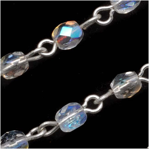Czech Glass Beaded Chain, Crystal AB Fire Polish 4mm, Silver Plated (1 inch)