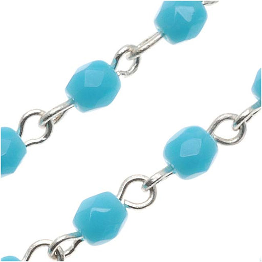 Czech Glass Beaded Chain, Turquoise Fire Polish 4mm, Silver Plated (1 inch)