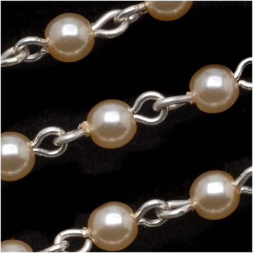 Czech Glass Beaded Chain, Cream Pearls 4mm, Silver Plated (1 inch)