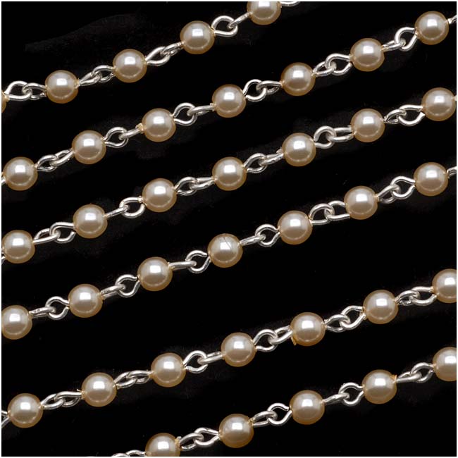 Czech Glass Beaded Chain, Cream Pearls 4mm, Silver Plated (1 inch)