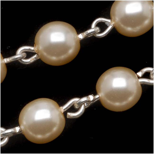 Czech Glass Beaded Chain, Cream Pearls 6mm, Silver Plated (1 inch)
