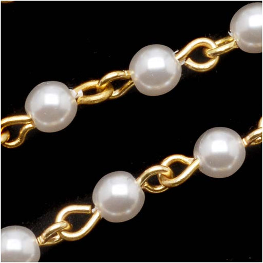 Czech Glass Beaded Chain, White Pearls 4mm, Gold Plated (1 inch)