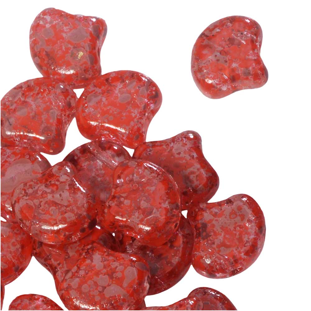 Czech Glass, 2-Hole Ginko Beads 7.5mm, Confetti Splash Red Pink (10 Grams)