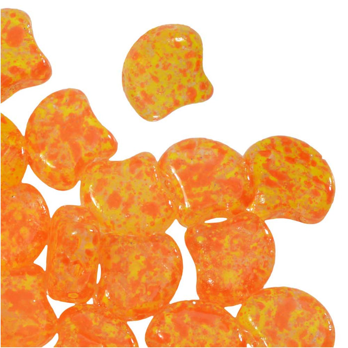 Czech Glass, 2-Hole Ginko Beads 7.5mm, Confetti Splash Orange Yellow (10 Grams)