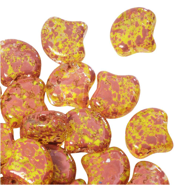 Czech Glass, 2-Hole Ginko Beads 7.5mm, Confetti Splash Red Yellow (10 Grams)