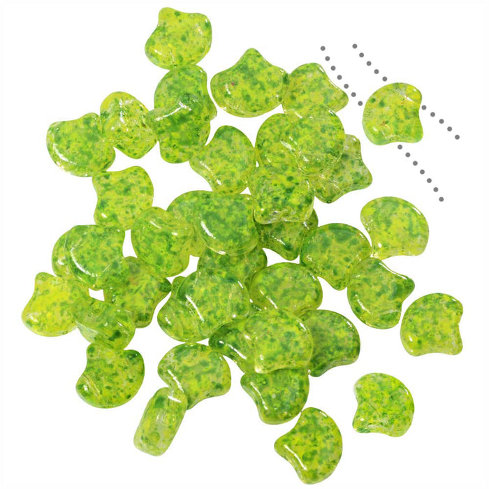 Czech Glass, 2-Hole Ginko Beads 7.5mm, Confetti Splash Yellow Green (10 Grams)