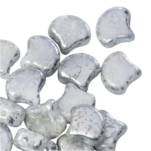 Czech Glass, 2-Hole Ginko Beads 7.5mm, Chalk Silver Splash (10 Grams)