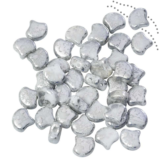 Czech Glass, 2-Hole Ginko Beads 7.5mm, Chalk Silver Splash (10 Grams)